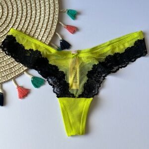 Victoria's Secret Mesh Lace-Trim High-Leg Thong Panty Limelight Large NEW
